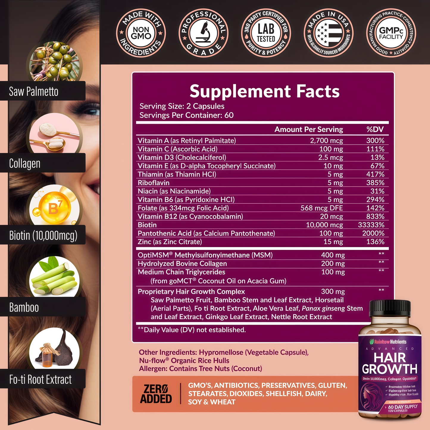 Hair Growth Vitamins for Women | Biotin 10,000mcg, Collagen, Patented OptiMSM®, goMCT®, Saw Palmetto | Naturally Supports Stronger & Healthier Hair, Skin and Nails |Non GMO + Made in USA|60 Day Supply